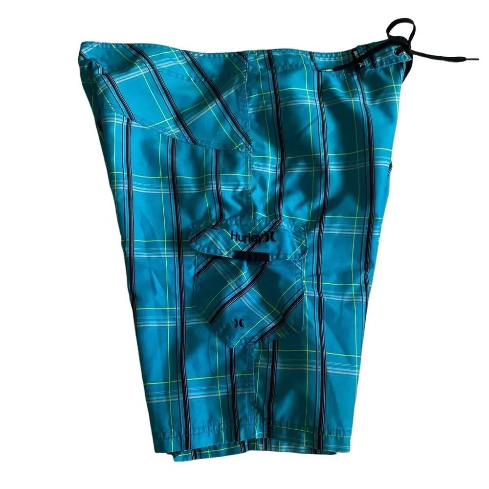 Hurley Teal Plaid Boardshorts Sz 36